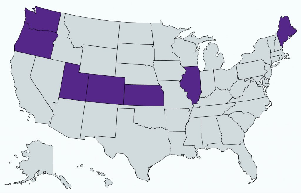 Gray map of the United States, with Washington, Oregon, Utah, Colorado, Illinois, Kansas, and Maine highlighted in purple