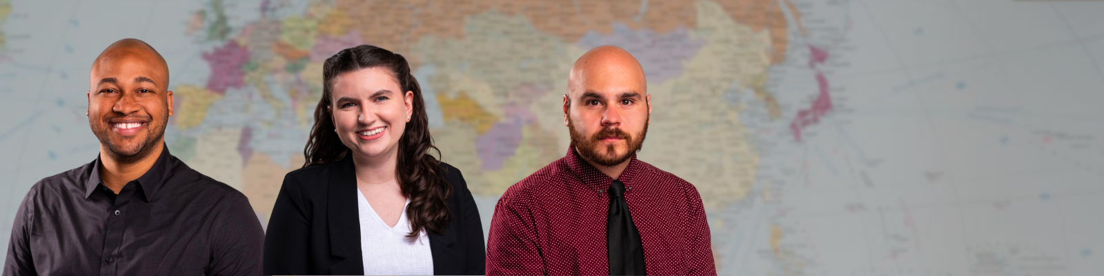 Headshots of Jeremy Beckford, Miranda Delawalla, and Santiago Estrada. In the background is a world map.