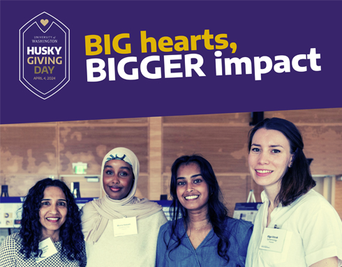 Husky Giving Day banner that reads : BIG hearts, BIGGER impact. Four Epi students pictured in photo standing side by side.
